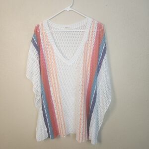 Roxy White Crochet V-Neck Coverup with Coral, Peach & Blue Stripes Small